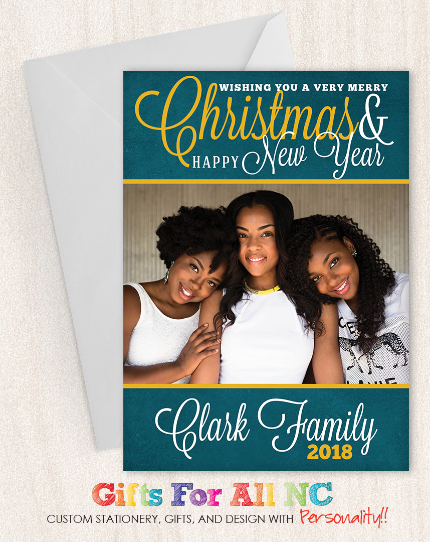 blue and gold family holiday card