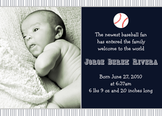 Baseball pinstripes birth announcement