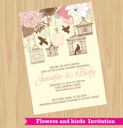 Flowers and Bird Cage Baby Shower Invitation