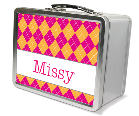 Preppy Argyle Hot Pink and Orange personalized Lunch box